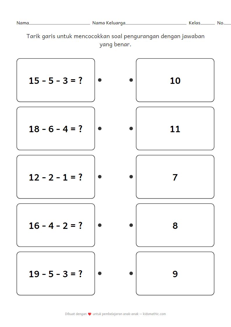 Lembar Kerja Mencocokkan Pengurangan Berlanjut untuk Taman Kanak-kanak