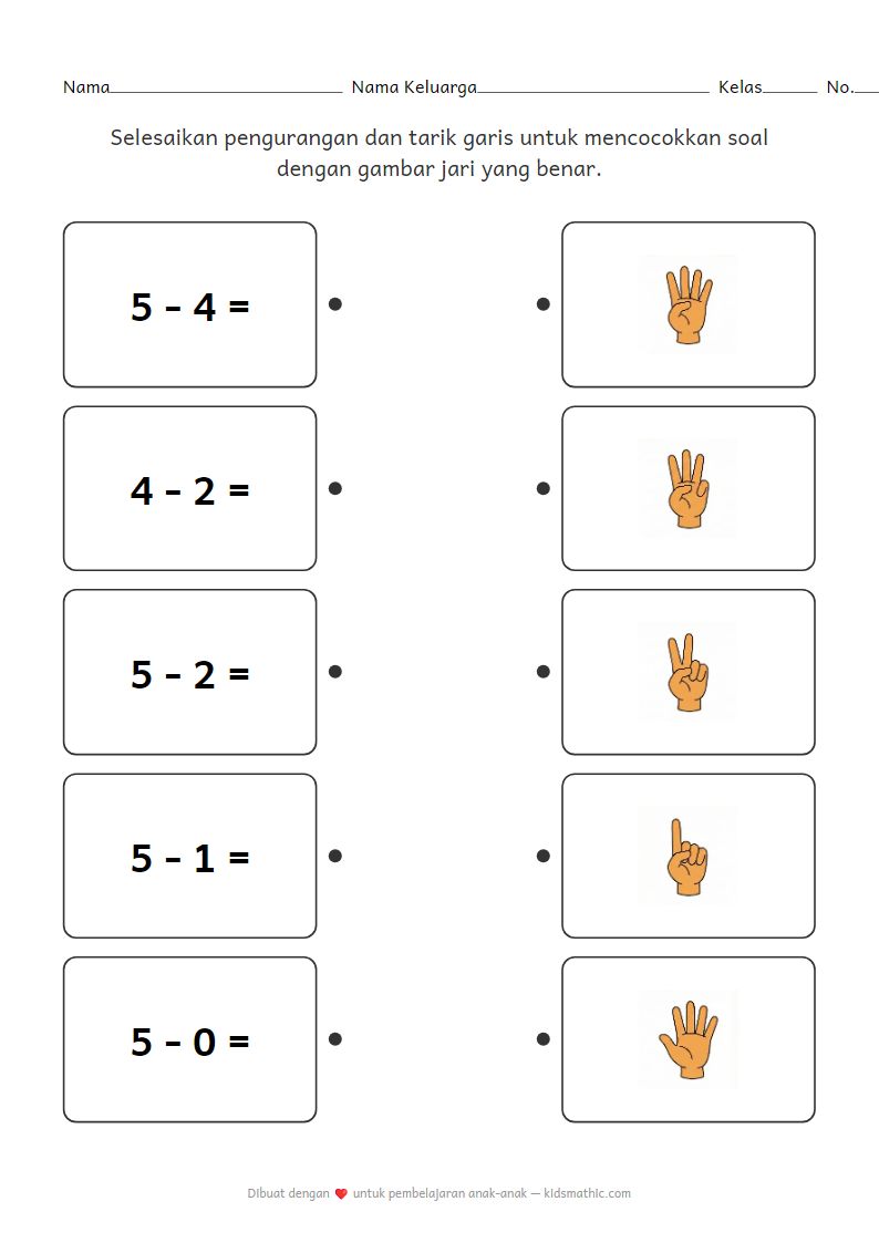 Lembar Kerja Mencocokkan Pengurangan dengan Jari untuk Prasekolah