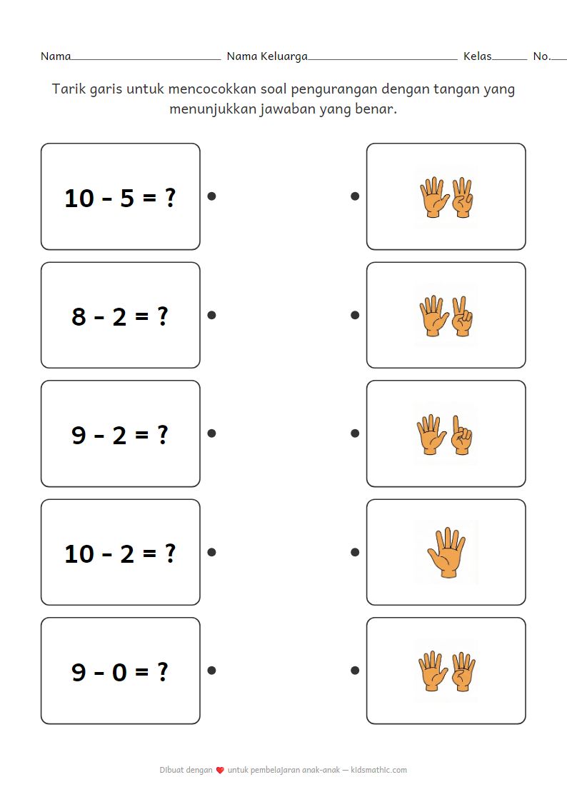 Lembar Kerja Matematika TK: Mencocokkan Soal Pengurangan dengan Hitungan Jari