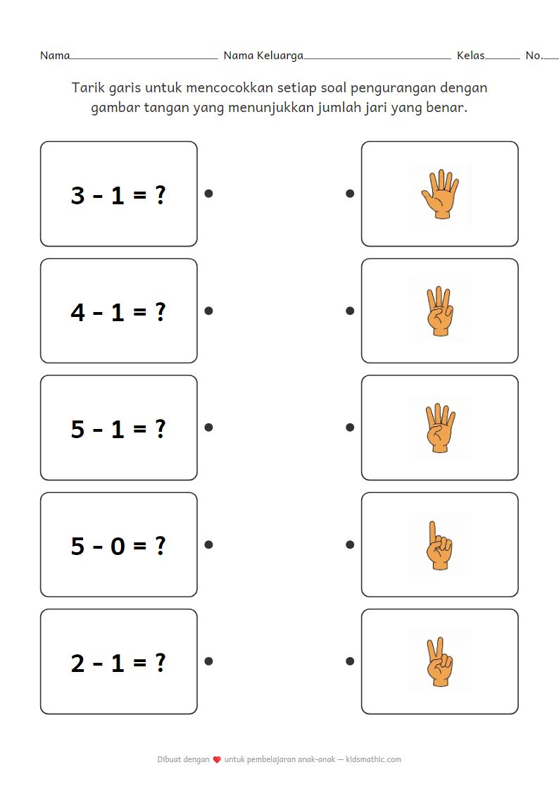 Lembar Kerja Mencocokkan Pengurangan Jari untuk TK