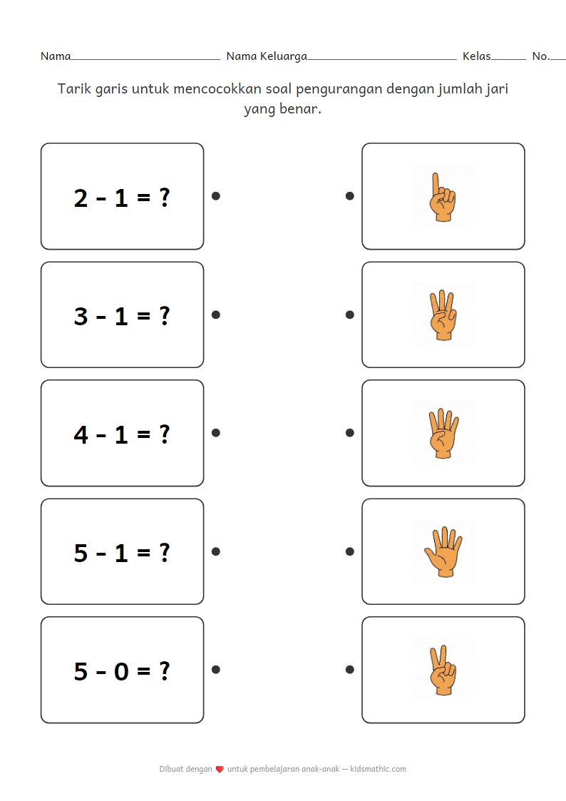 Lembar Kerja Pengurangan TK: Mencocokkan Soal Sederhana dengan Menghitung Jari