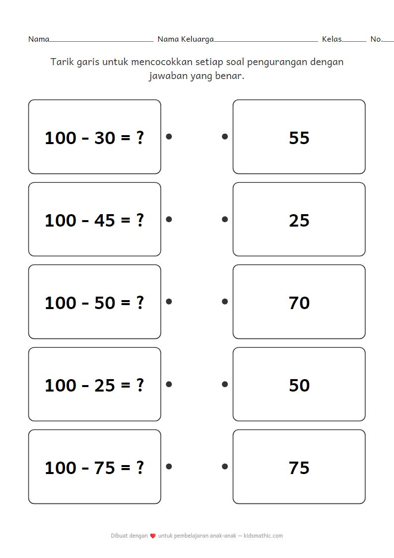 Lembar Kerja Mencocokkan Pengurangan dari 100 untuk Anak Kelas 2