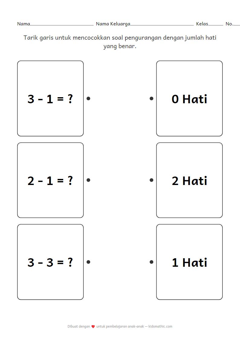Lembar Kerja Mencocokkan Pengurangan Sederhana dengan Hati untuk TK