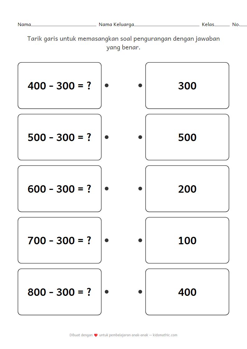 Lembar Kerja Mencocokkan Soal Pengurangan Ratusan untuk Anak Kelas 2