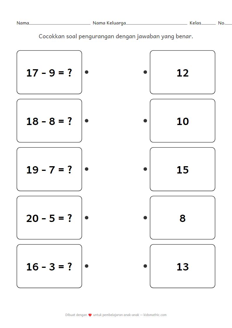 Lembar Kerja Mencocokkan Pengurangan untuk TK