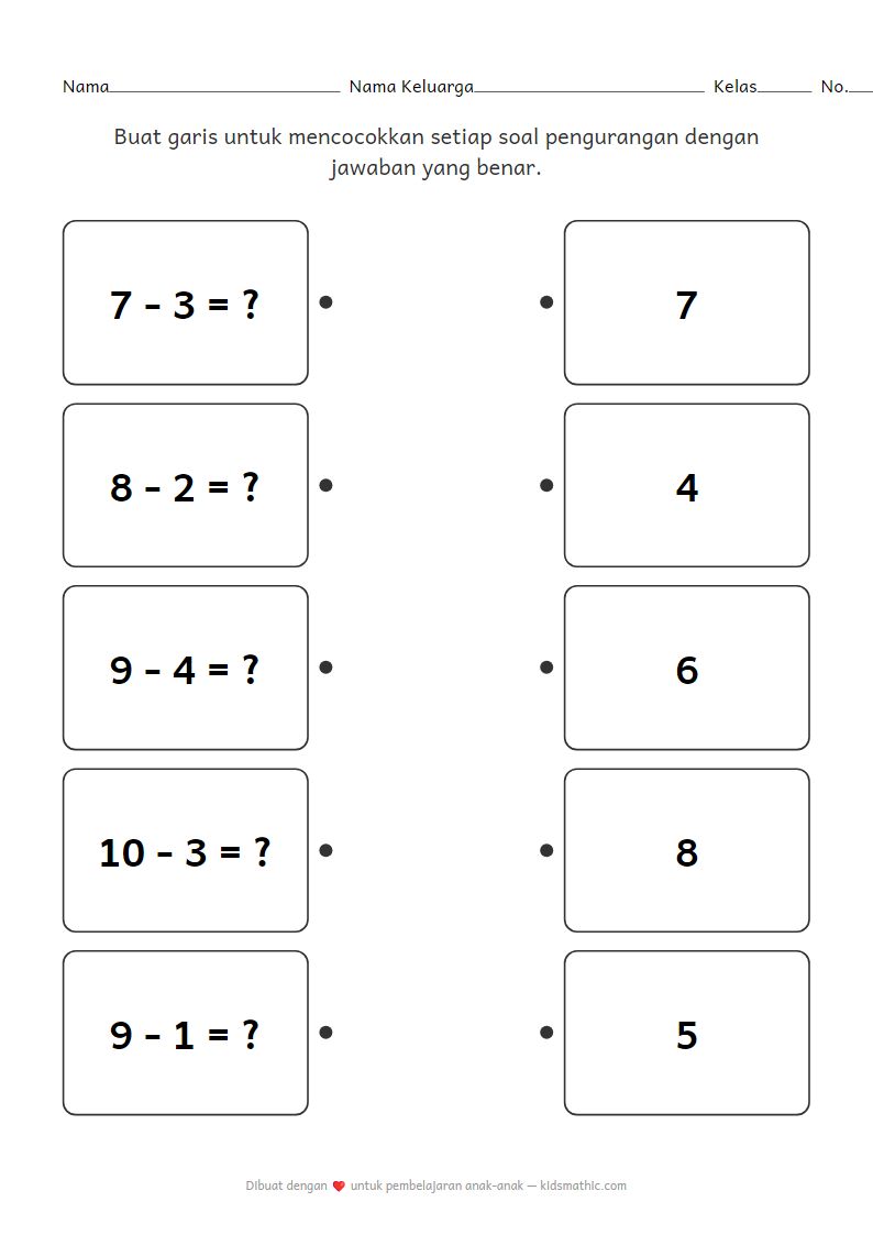 Lembar Kerja Mencocokkan Pengurangan untuk Taman Kanak-kanak