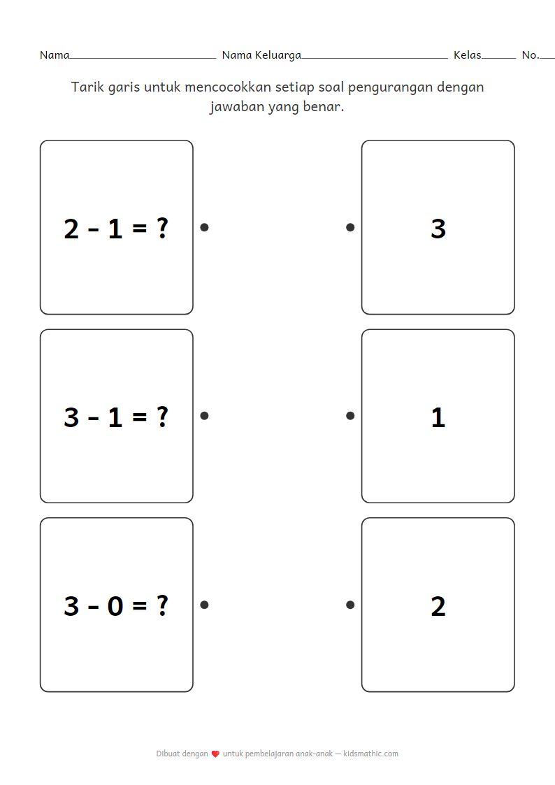 Lembar Kerja Mencocokkan Pengurangan untuk Anak Prasekolah