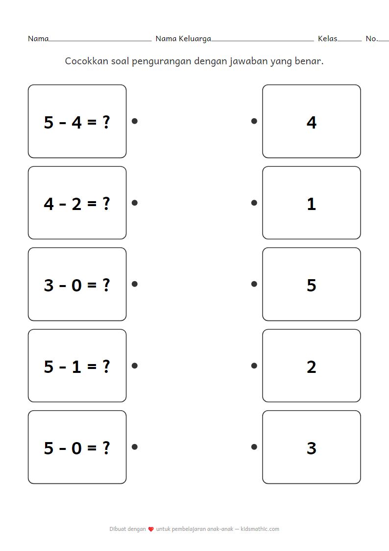 Lembar Kerja Mencocokkan Pengurangan untuk Anak Prasekolah