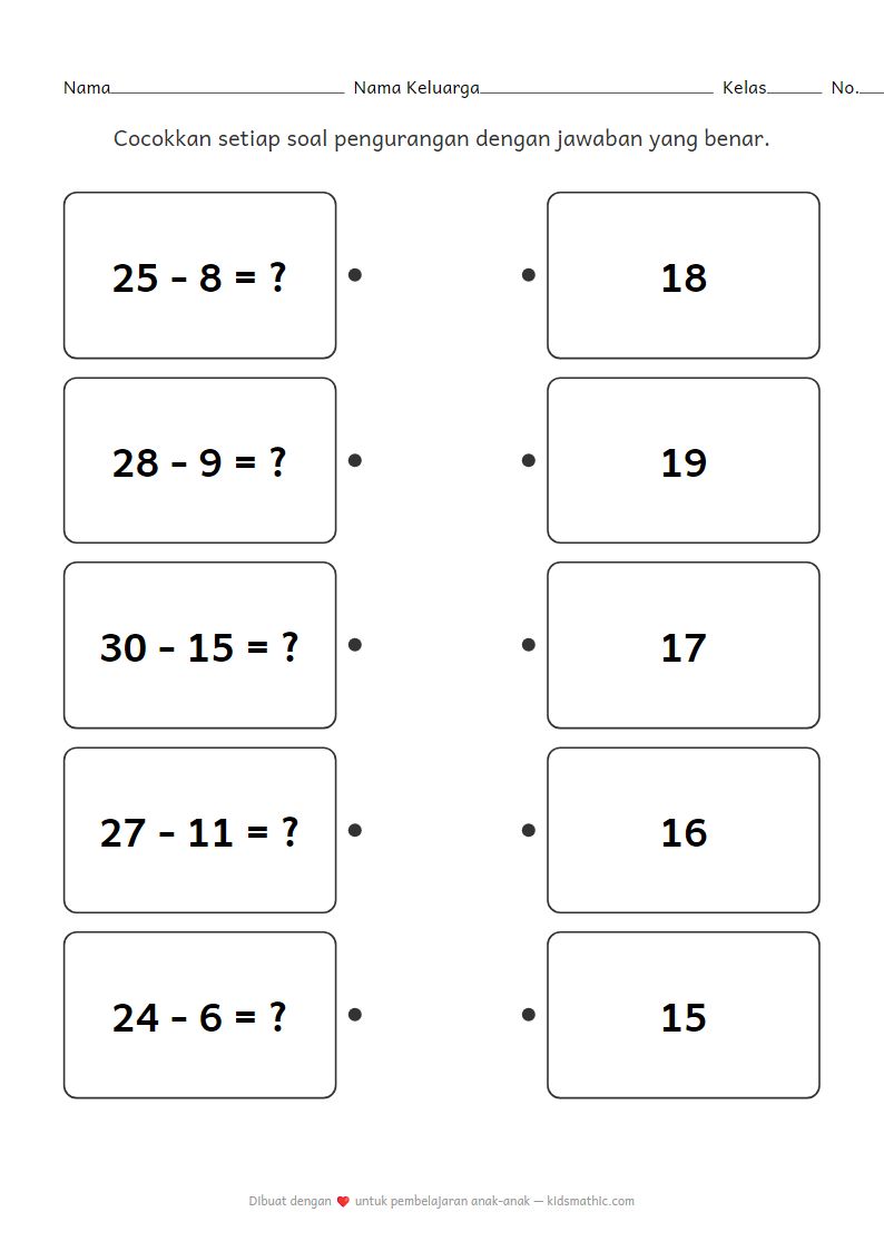 Lembar Kerja Mencocokkan Pengurangan: Soal Dua Angka untuk Kelas 1