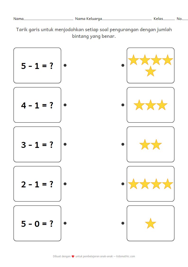 Lembar Kerja Mencocokkan Soal Pengurangan dan Bintang untuk TK
