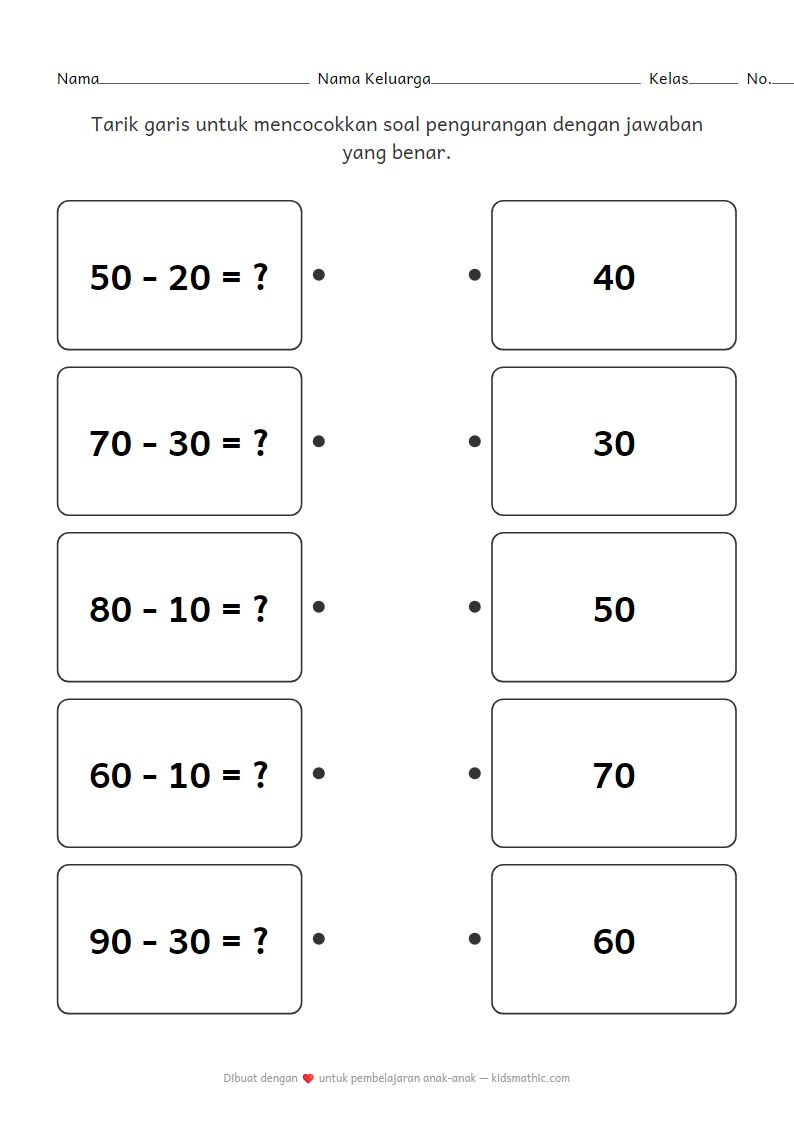 Lembar Kerja Mencocokkan Pengurangan Puluhan untuk Anak Kelas 1