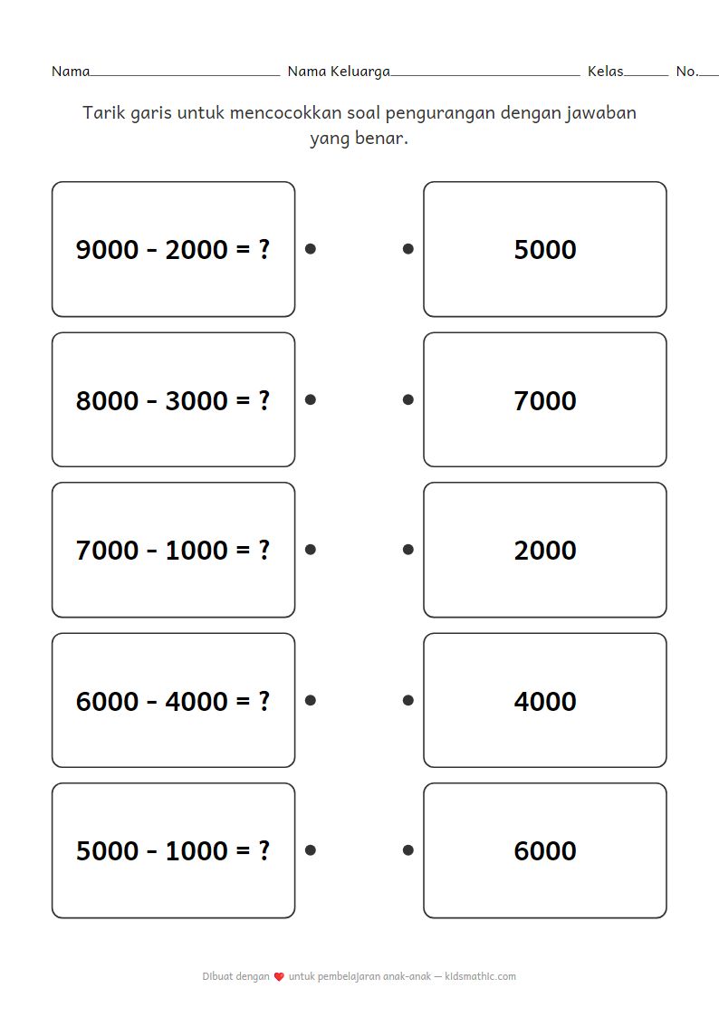 Lembar Kerja Mencocokkan Pengurangan Ribuan untuk Anak TK