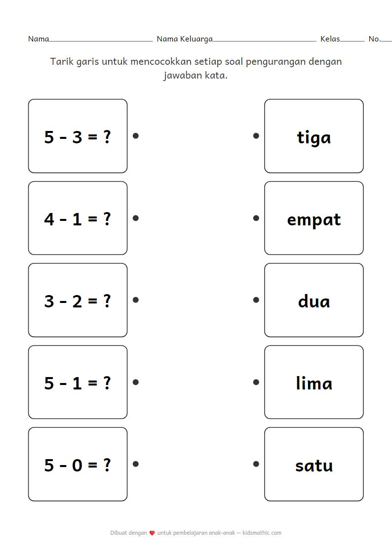 Lembar Kerja Mencocokkan Pengurangan Sederhana untuk Anak Prasekolah (1-5)
