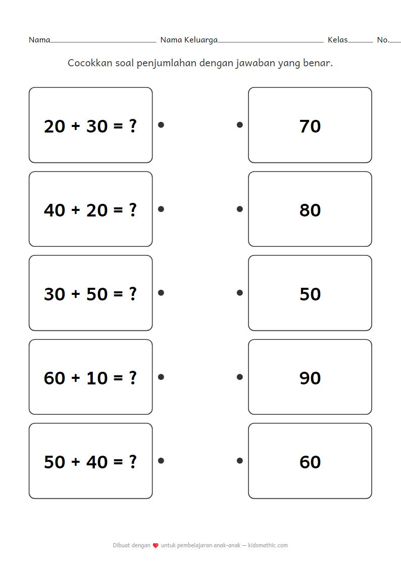 Lembar Kerja Mencocokkan Penjumlahan Puluhan untuk Anak Kelas 1