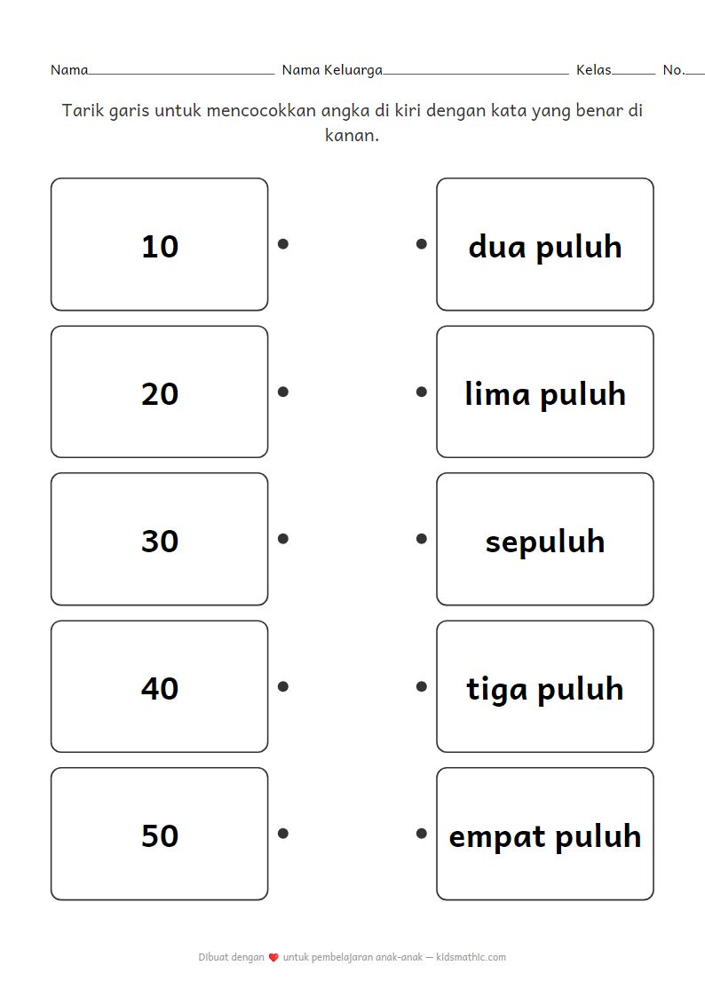 Lembar Kerja Mencocokkan Angka Puluhan dengan Kata untuk Anak TK
