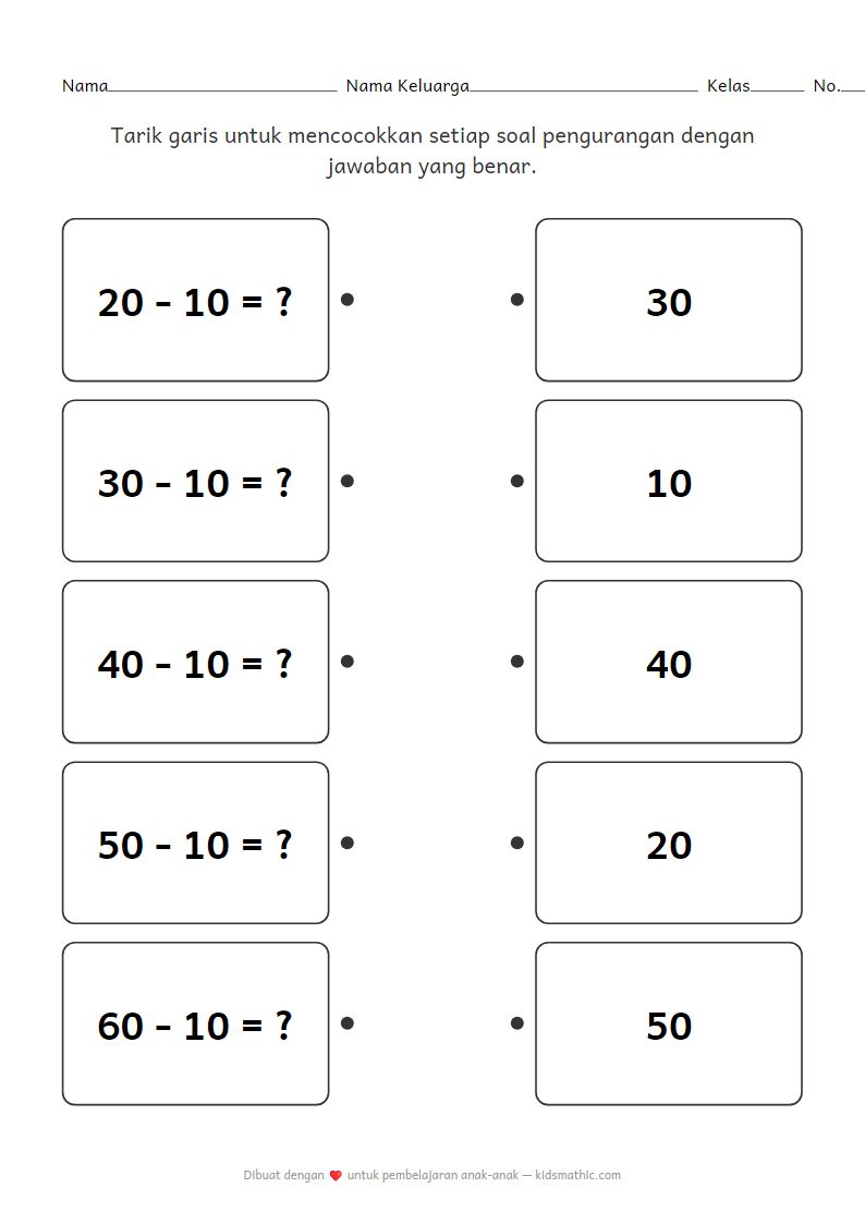 Lembar Kerja Mencocokkan Pengurangan Puluhan untuk TK