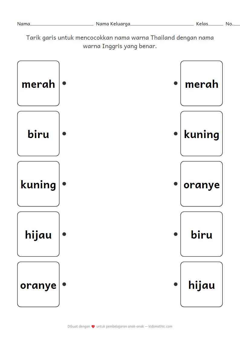 Lembar Kerja Mencocokkan Nama Warna Thailand ke Inggris untuk Prasekolah