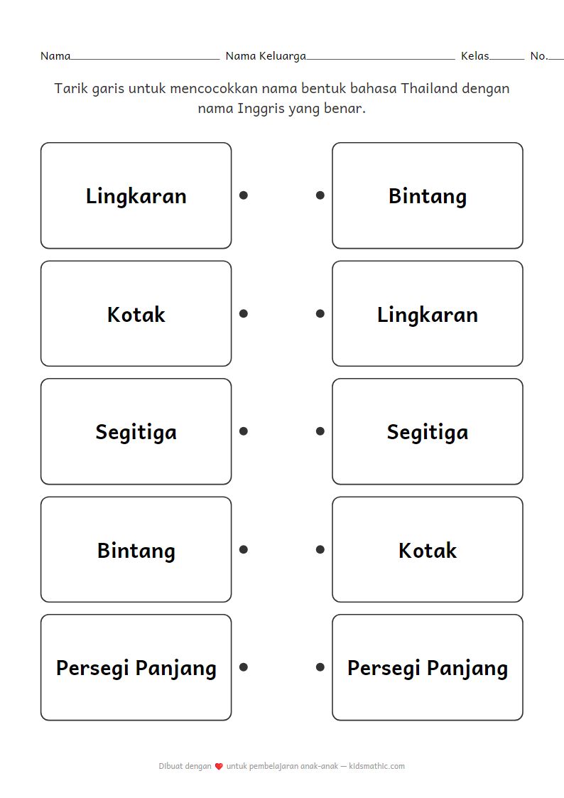 Lembar Kerja: Cocokkan Nama Bentuk Thai-Inggris untuk Taman Kanak-kanak