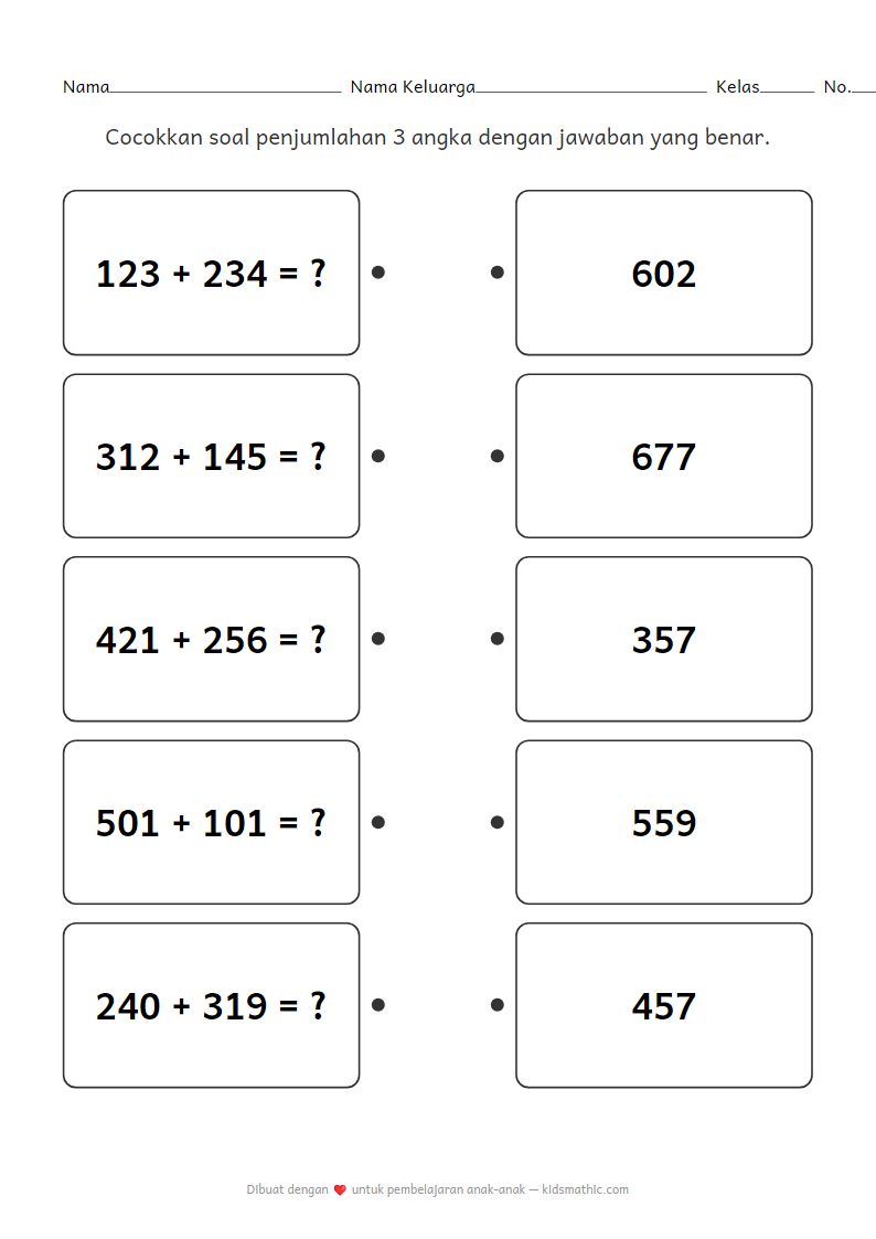 Lembar Kerja Penjumlahan 3 Angka | Aktivitas Matematika Anak TK