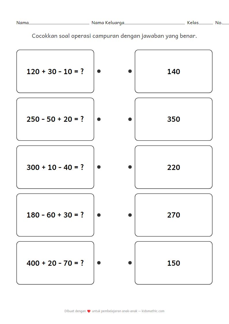 Lembar Kerja Matematika: Mencocokkan Operasi Campuran Tiga Digit untuk TK