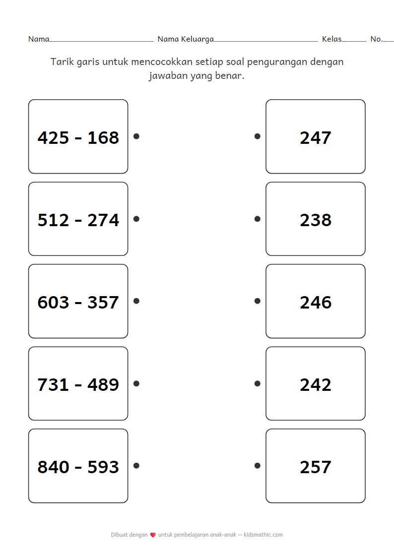 Lembar Kerja Mencocokkan Pengurangan untuk TK: 3 Angka dengan Peminjaman