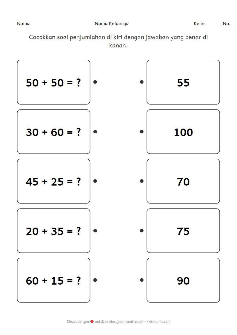 Lembar Kerja Mencocokkan Penjumlahan Dua Angka untuk Kelas 2