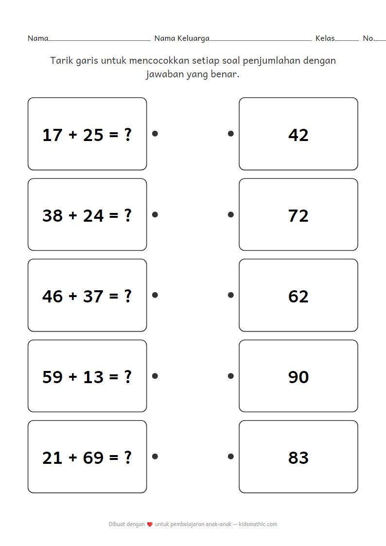Lembar Kerja Mencocokkan Penjumlahan Dua Angka untuk Kelas 2