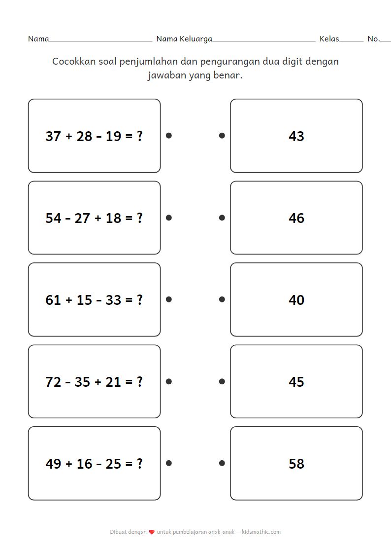 Lembar Kerja Mencocokkan Operasi Campuran Dua Digit untuk Kelas 2