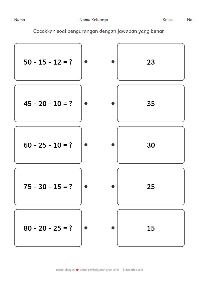 Lembar Kerja Mencocokkan Pengurangan Dua Angka untuk Kelas 2