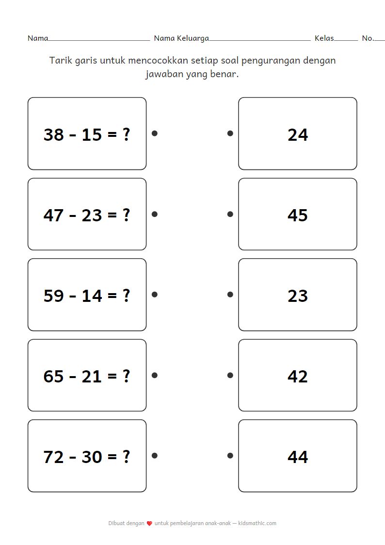Lembar Kerja Mencocokkan Pengurangan Dua Angka Tanpa Meminjam untuk Kelas 2