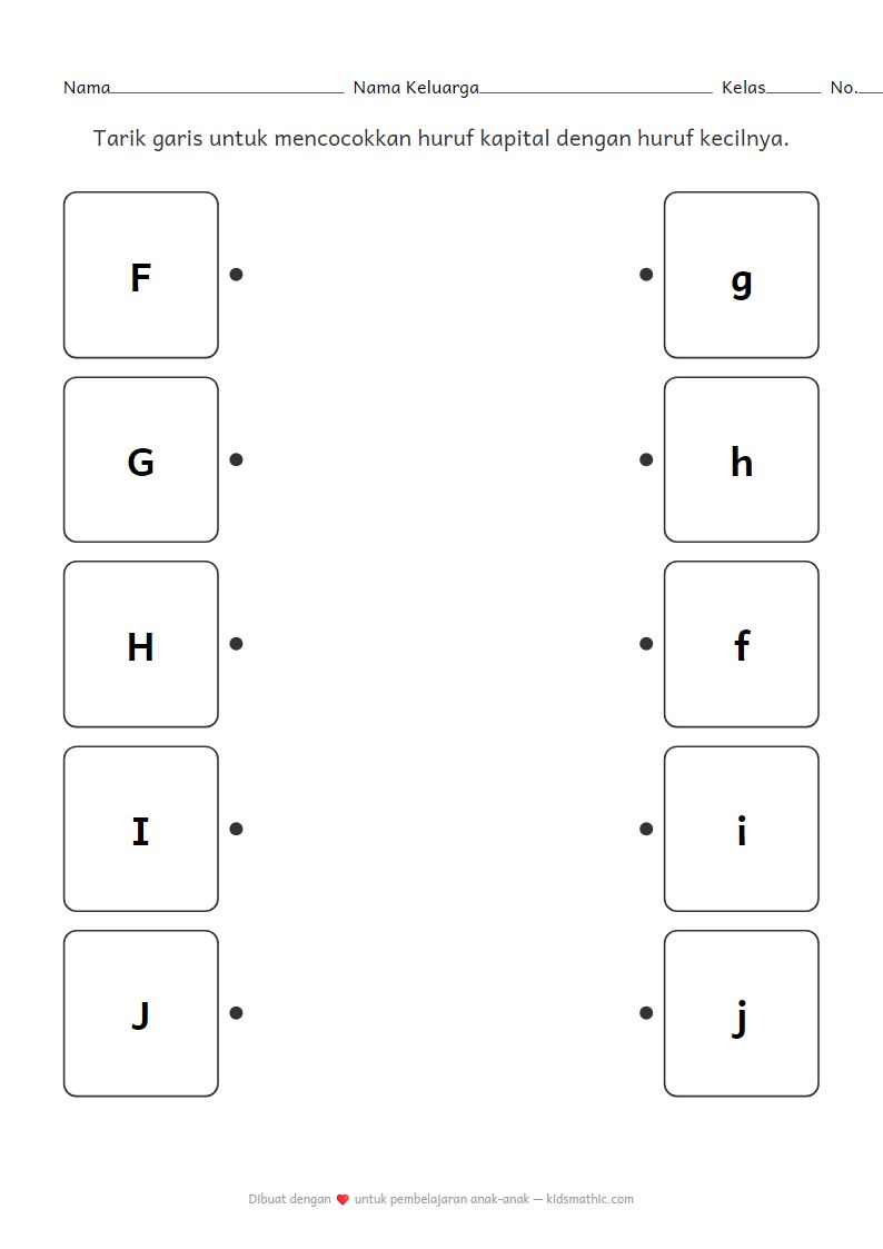 Lembar Kerja Mencocokkan Huruf Kapital dan Huruf Kecil F-J untuk Anak Prasekolah