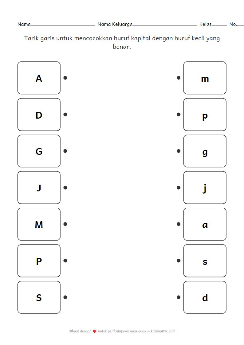 Lembar Kerja Mencocokkan Huruf Kapital dan Huruf Kecil untuk Anak Prasekolah