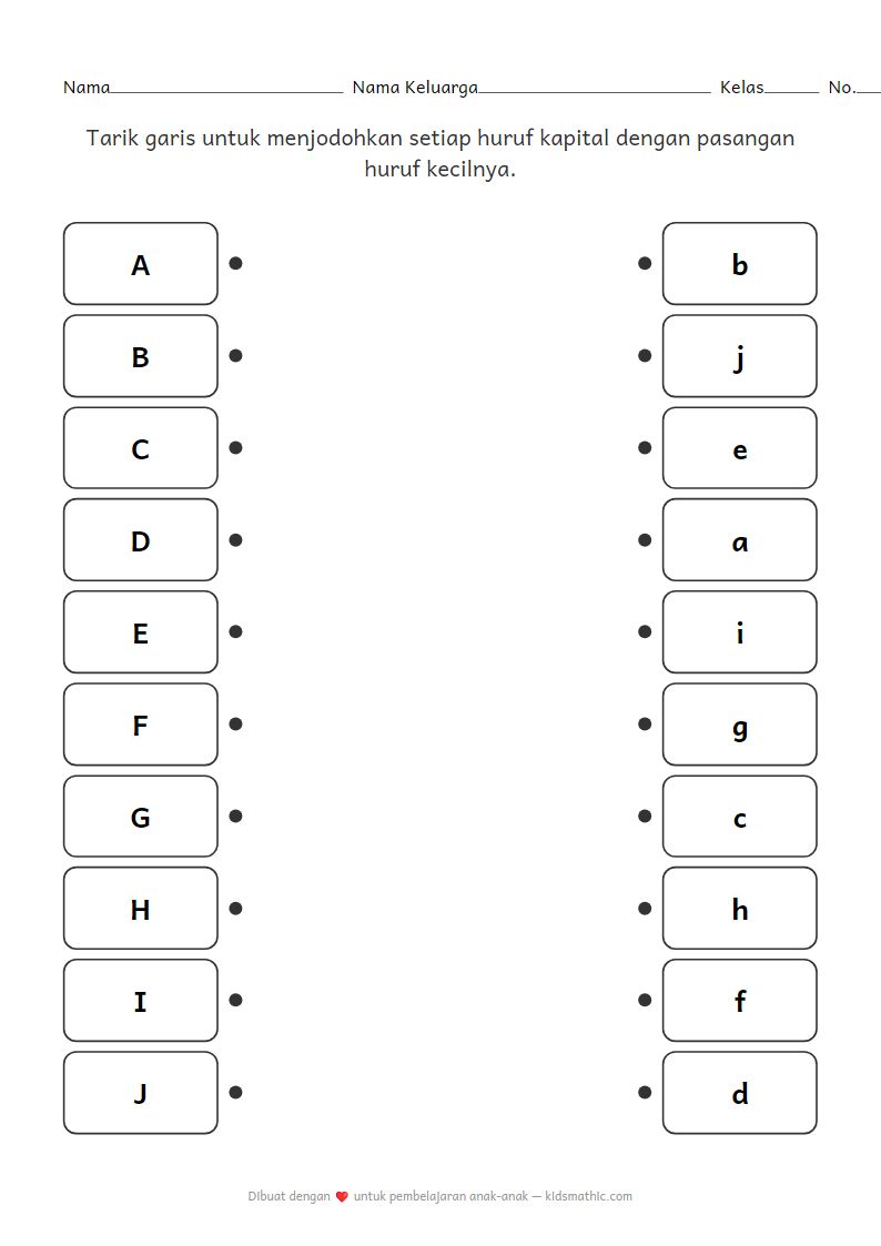 Lembar Kerja Menjodohkan Huruf Kapital dan Huruf Kecil untuk TK