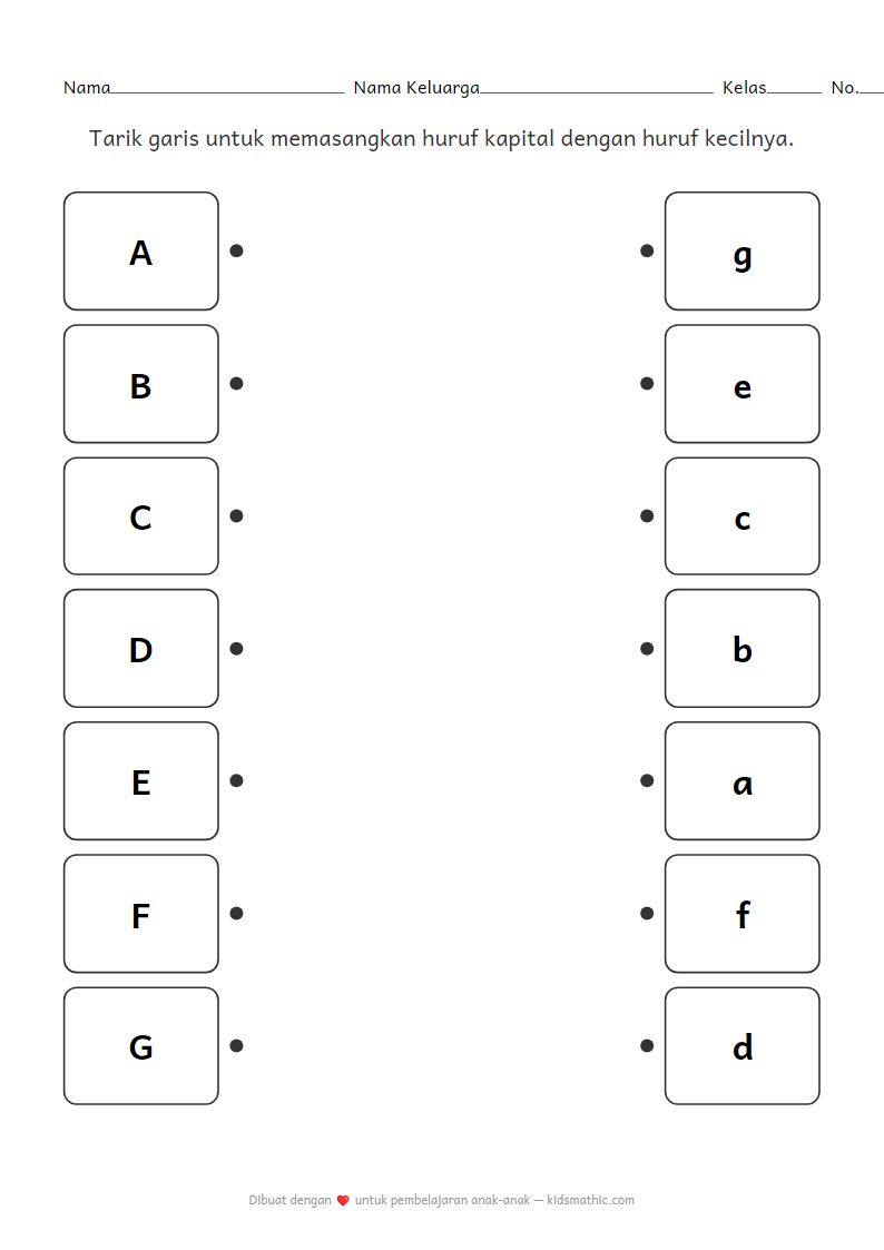 Lembar Kerja Mencocokkan Huruf Kapital-Kecil untuk Anak TK