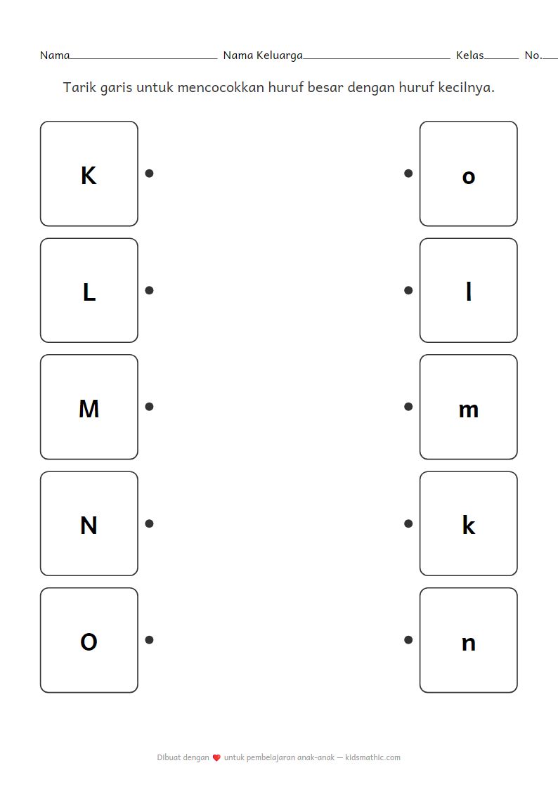 Lembar Kerja Mencocokkan Huruf Besar dan Kecil K-O untuk Prasekolah