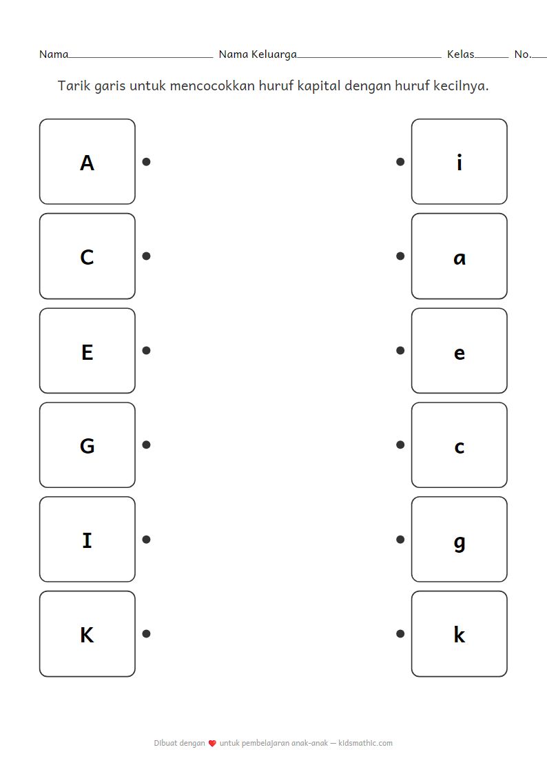 Lembar Kerja Mencocokkan Huruf Kapital dan Kecil untuk TK