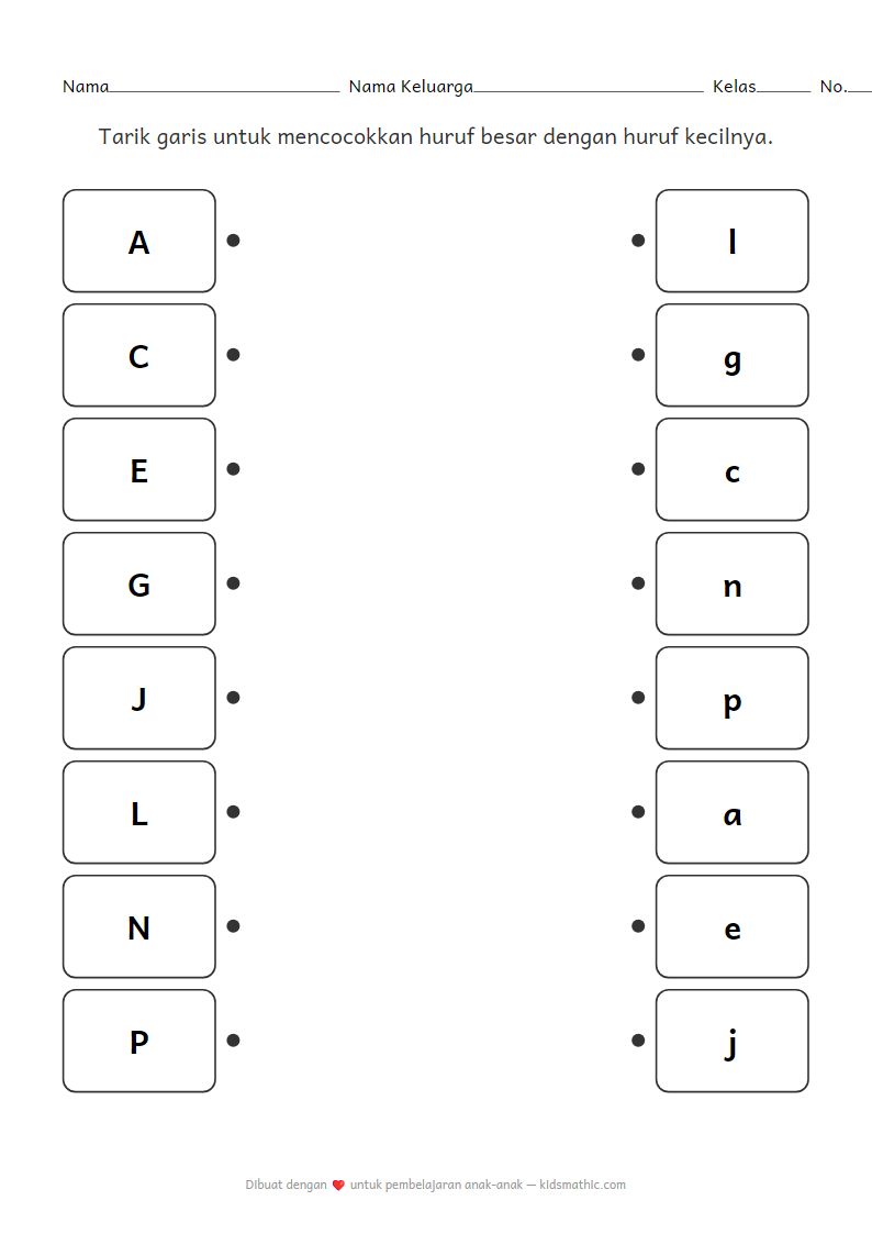 Lembar Kerja Mencocokkan Huruf Besar dan Huruf Kecil untuk Anak Prasekolah