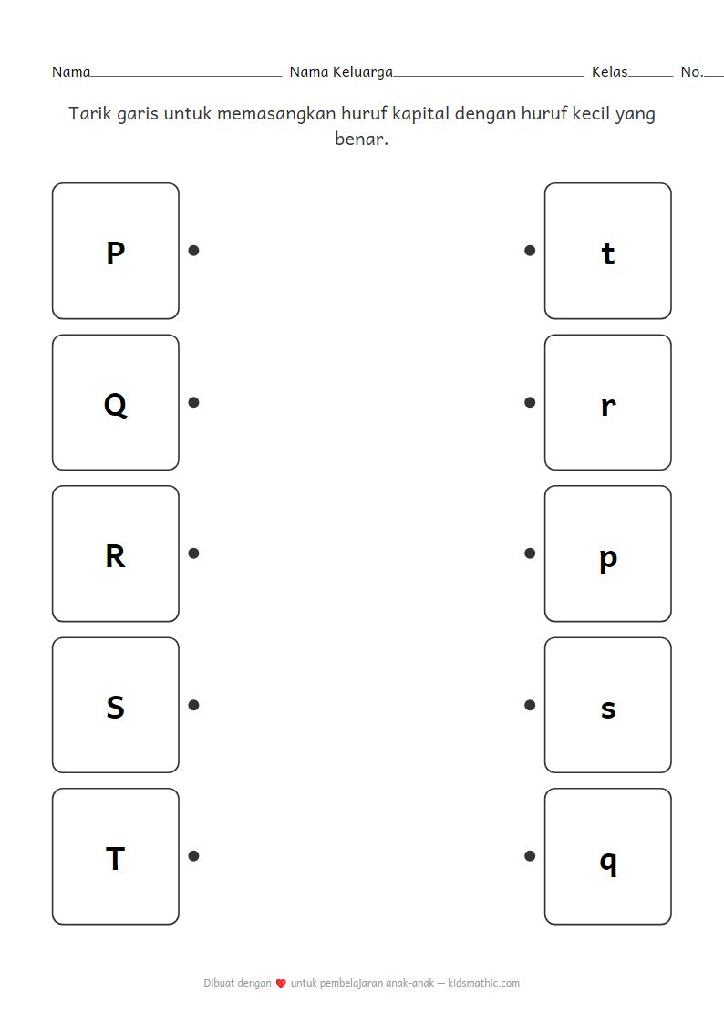 Lembar Kerja Memasangkan Huruf Kapital dan Kecil P-T untuk Anak TK