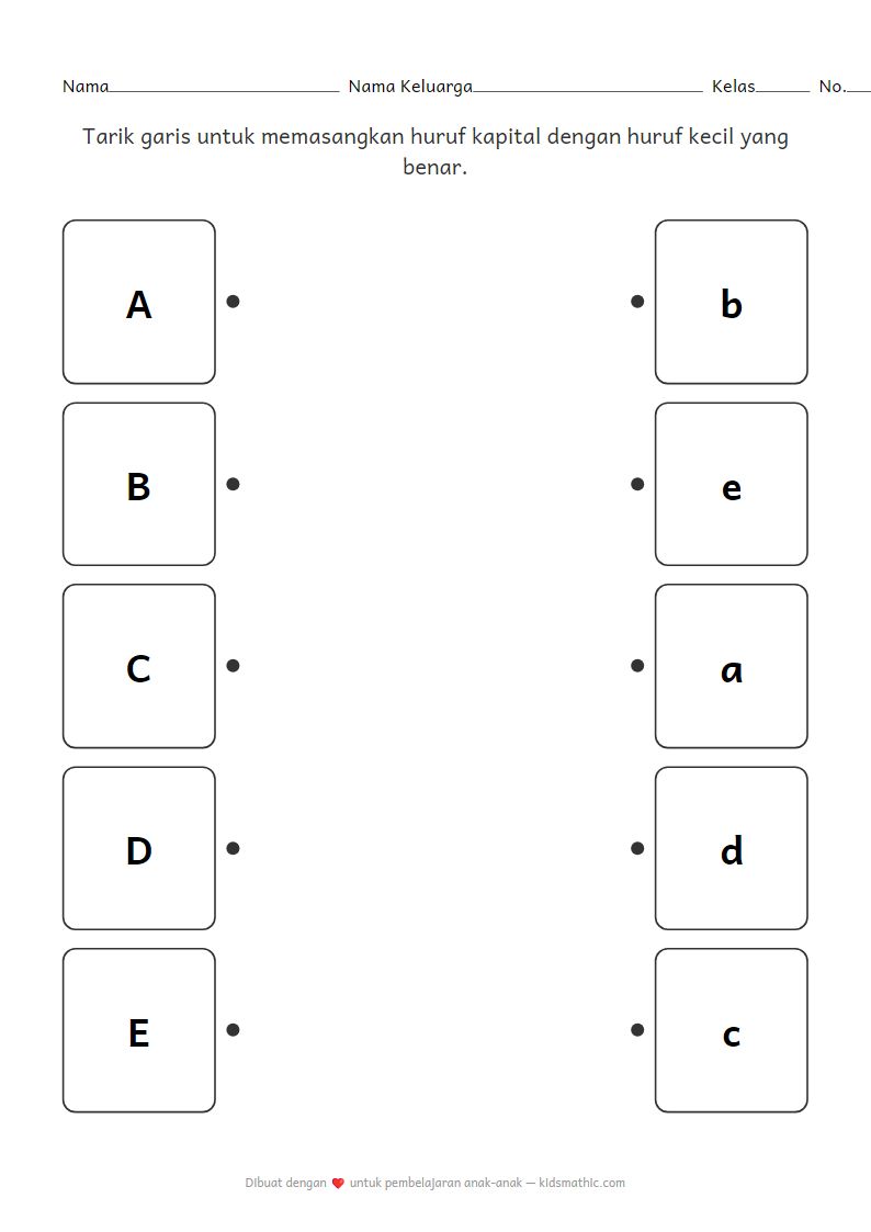 Lembar Kerja Mencocokkan Huruf Kapital dan Huruf Kecil A-E untuk Anak Prasekolah