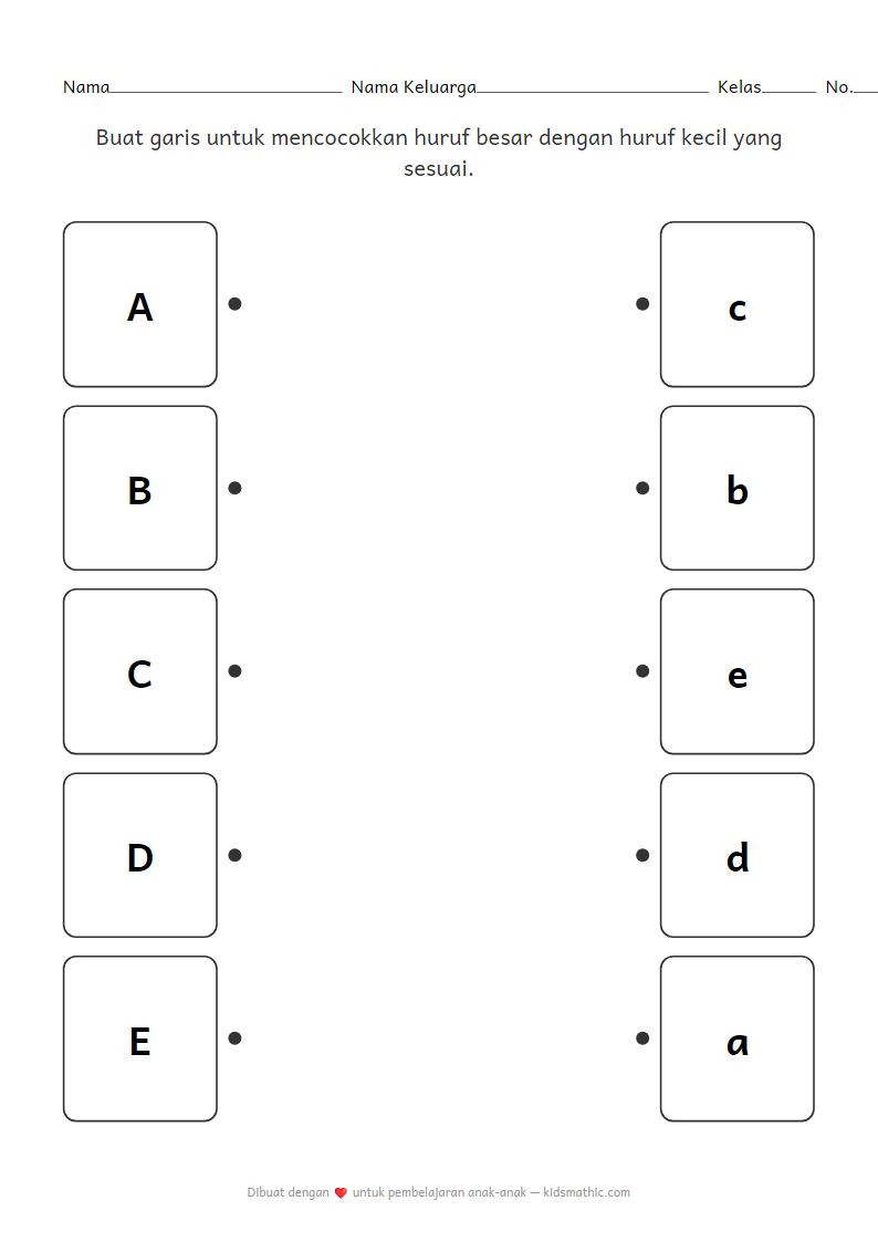 Lembar Kerja Mencocokkan Huruf Besar dan Kecil A-E untuk Anak TK
