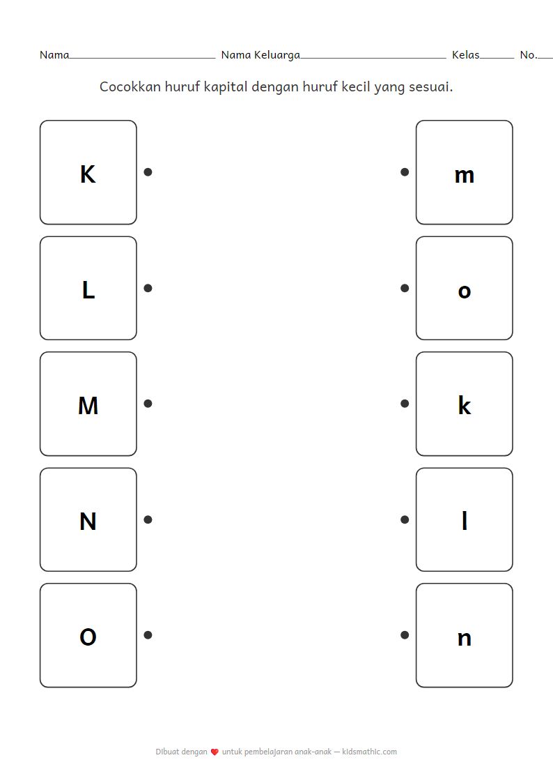 Lembar Kerja Mencocokkan Huruf Kapital dan Huruf Kecil K-O untuk Anak TK