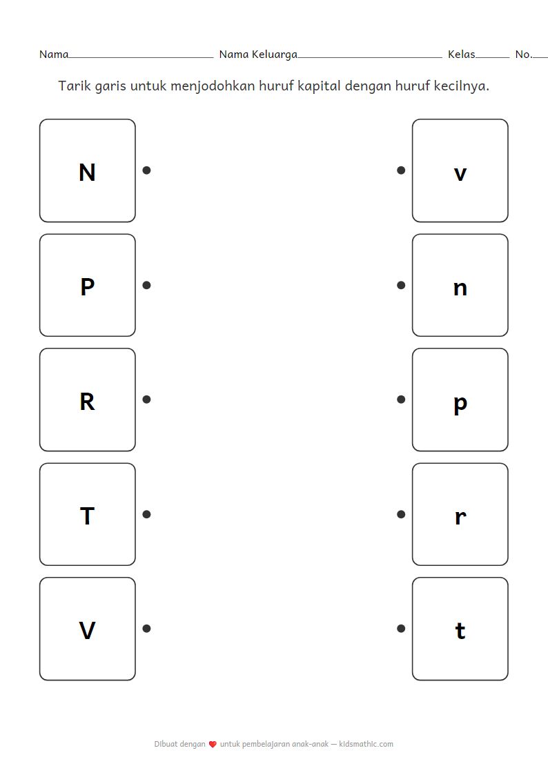 Lembar Kerja Mencocokkan Huruf Kapital dan Kecil N-Z untuk Anak Prasekolah