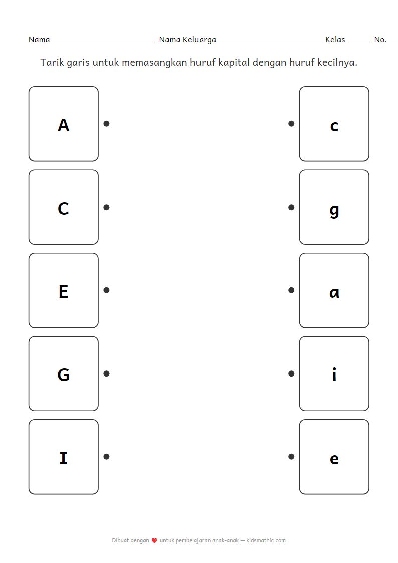 Lembar Kerja Mencocokkan Huruf Kapital dan Huruf Kecil untuk Anak Prasekolah