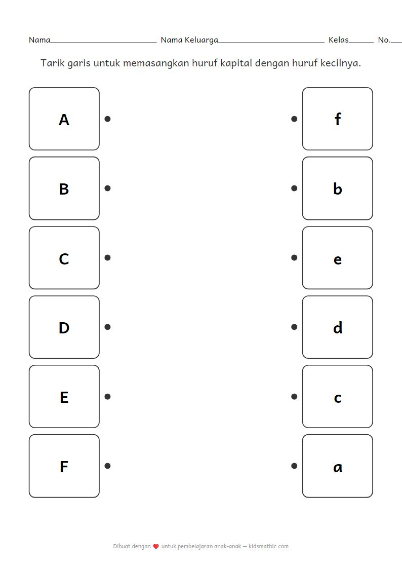 Lembar Kerja Mencocokkan Huruf Kapital dan Kecil untuk Anak Prasekolah