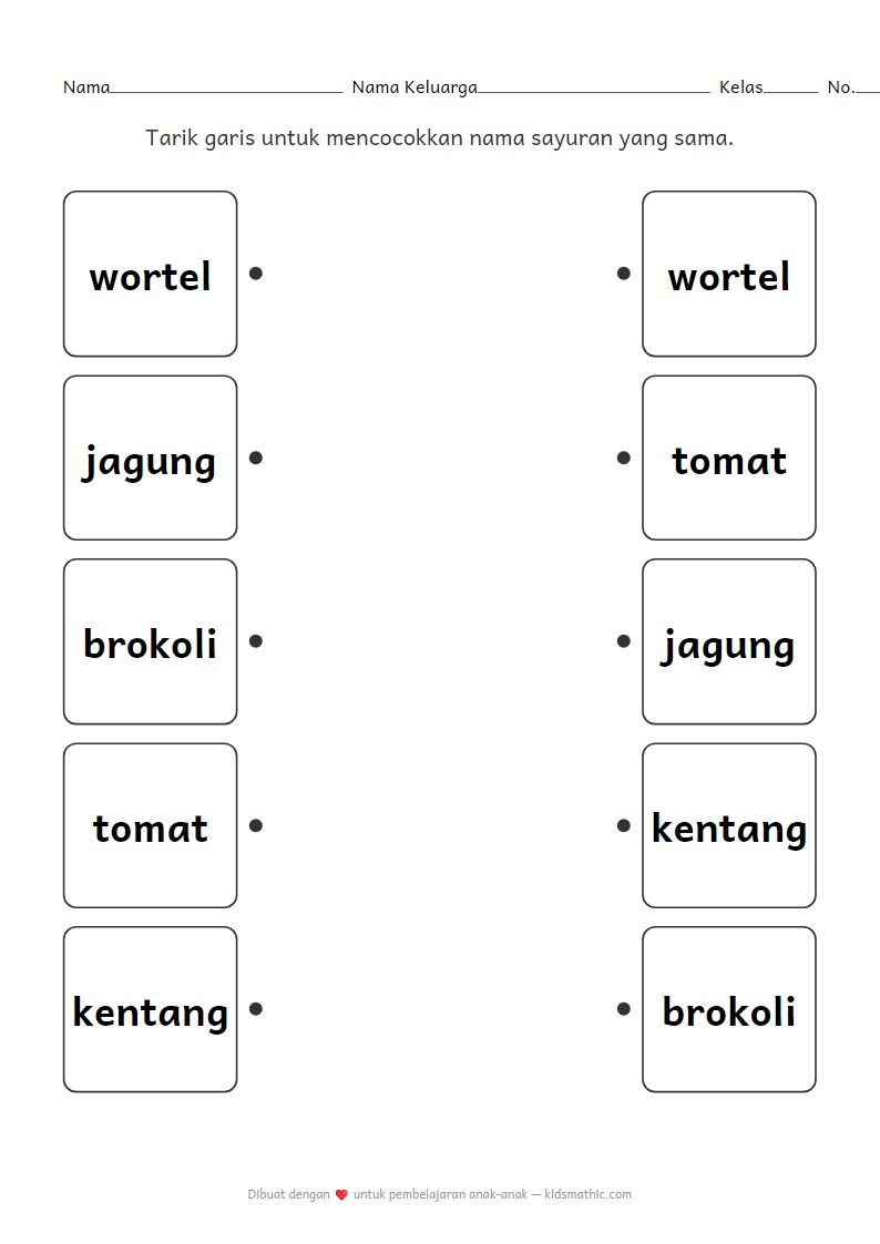 Lembar Kerja Mencocokkan Nama Sayuran untuk Anak Prasekolah