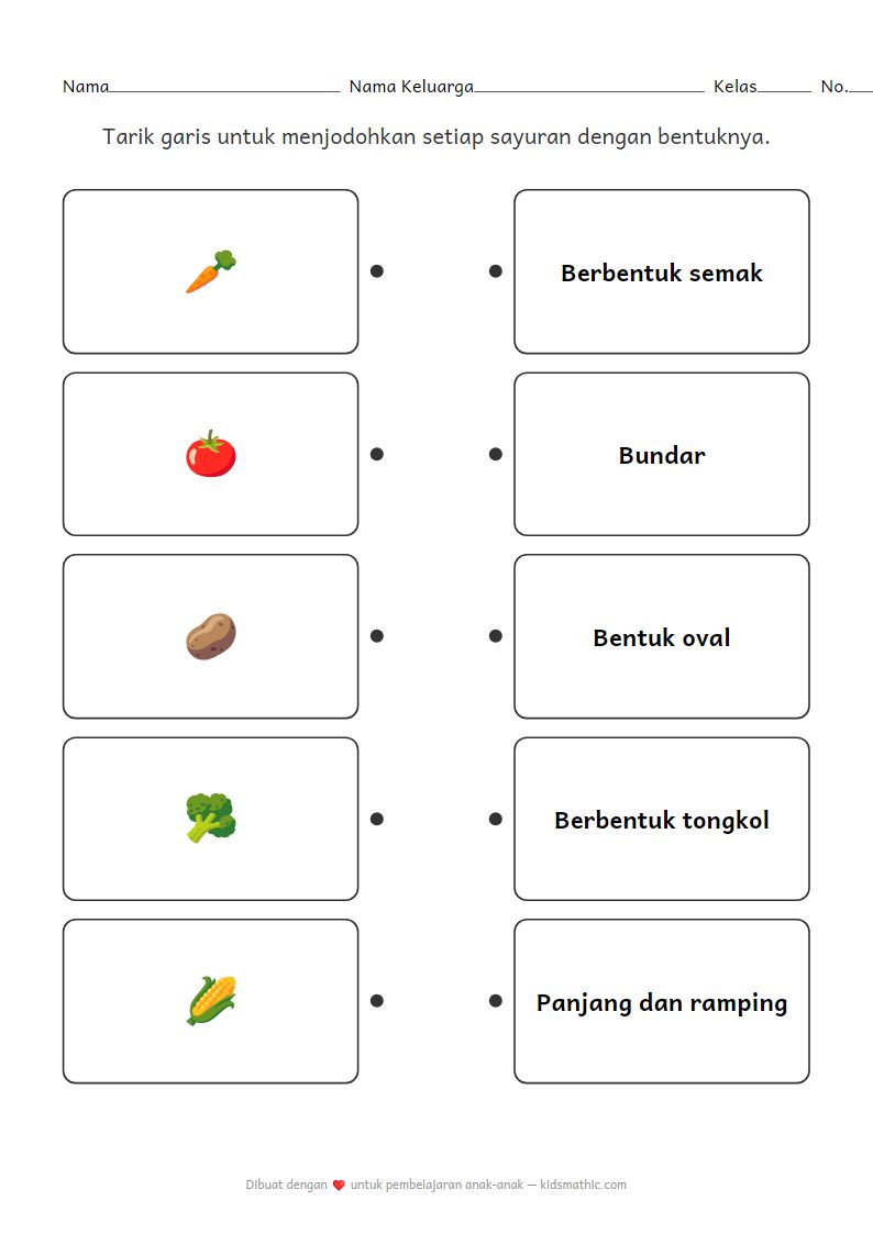 Lembar Kerja Mencocokkan Bentuk Sayuran untuk Anak Prasekolah