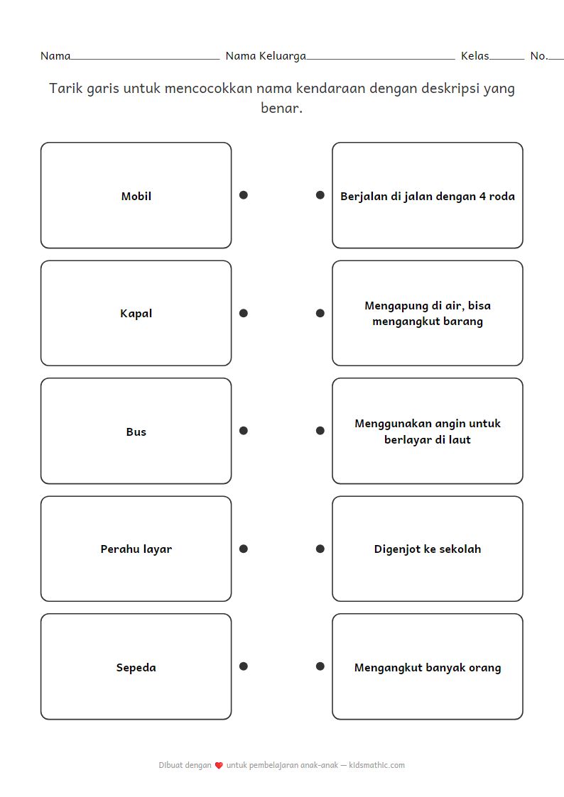 Lembar Kerja Mencocokkan Kendaraan dengan Karakteristiknya untuk Anak TK