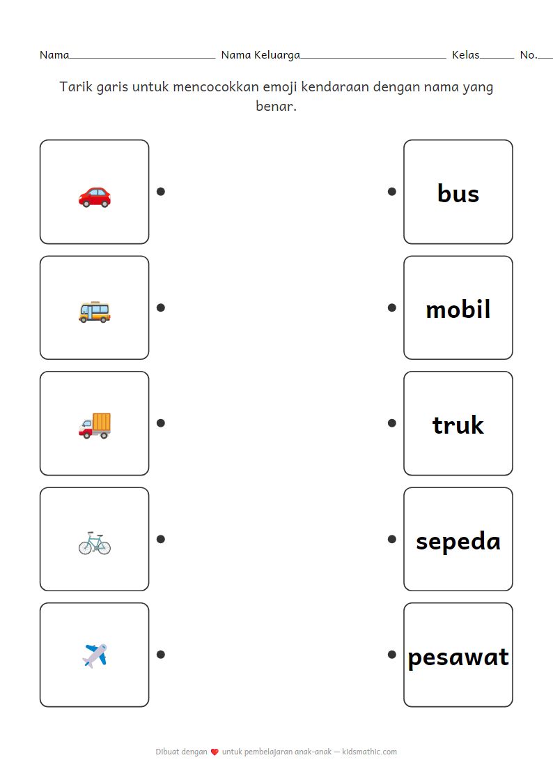 Lembar Kerja Mencocokkan Emoji Kendaraan dengan Nama untuk Anak Prasekolah