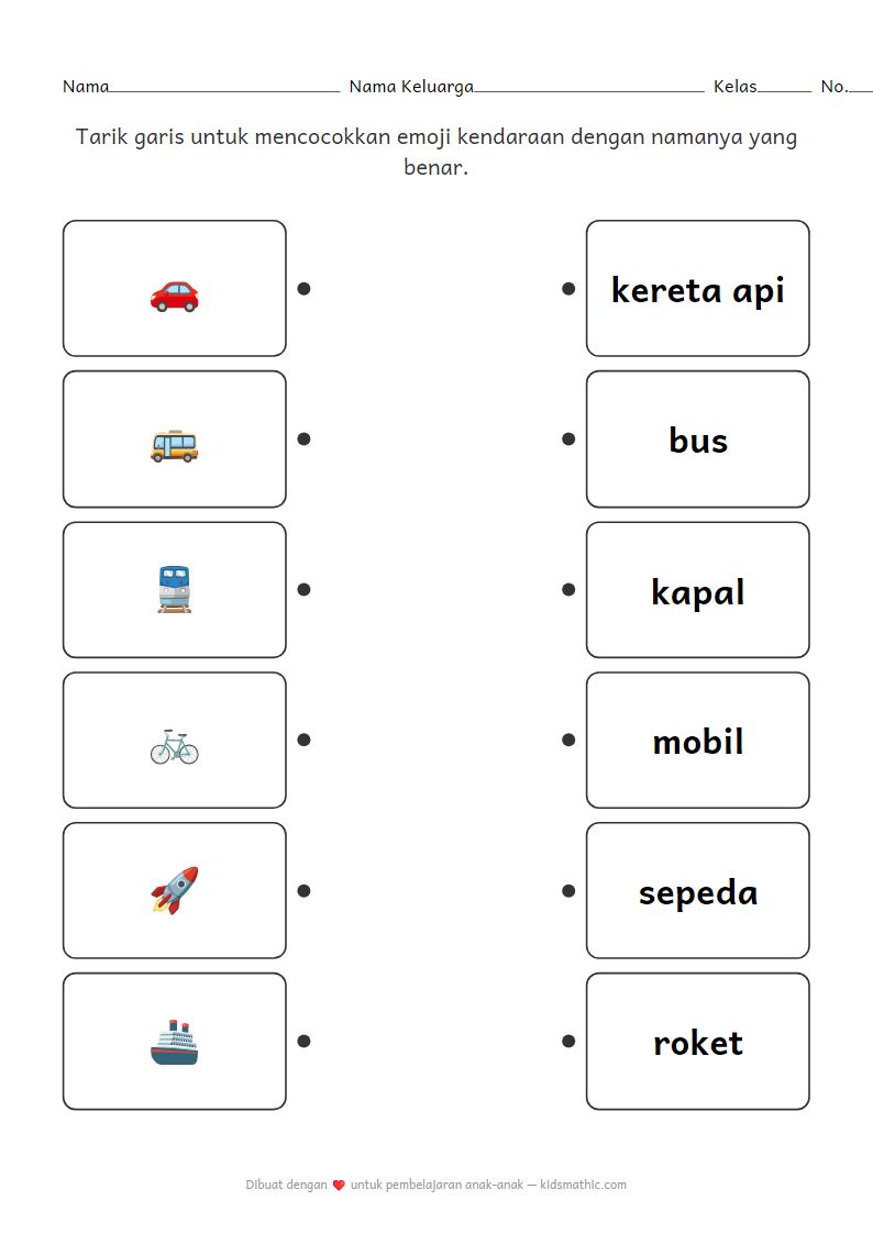 Lembar Kerja Mencocokkan Emoji Kendaraan dengan Nama untuk Anak Prasekolah