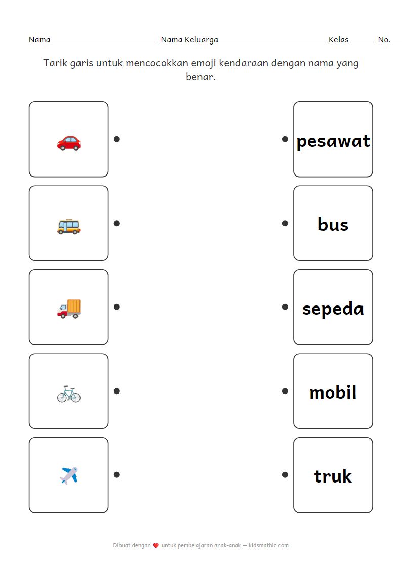 Lembar Kerja Mencocokkan Emoji Kendaraan dengan Nama untuk Anak Prasekolah
